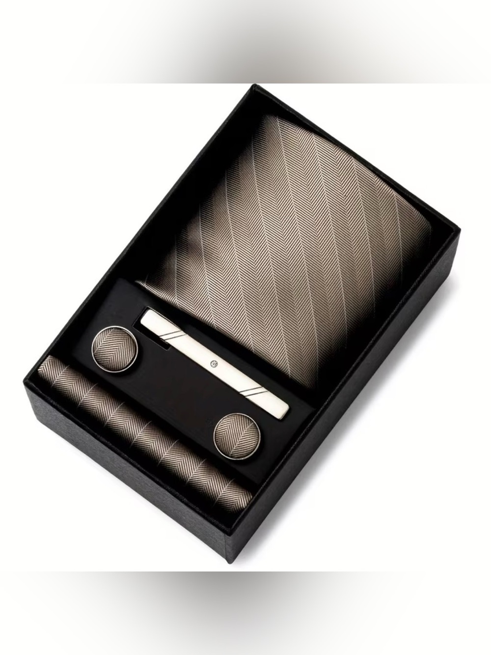 Classic Men's Tie Set with Silver Tie Clip and Cufflinks - Taupe Herringbone